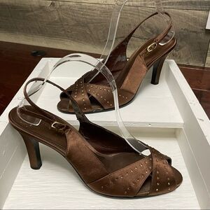 Metaphor Brown Peep Toe 3.5” Heel With Rhinestones and Buckle Ankle Strap Size 9